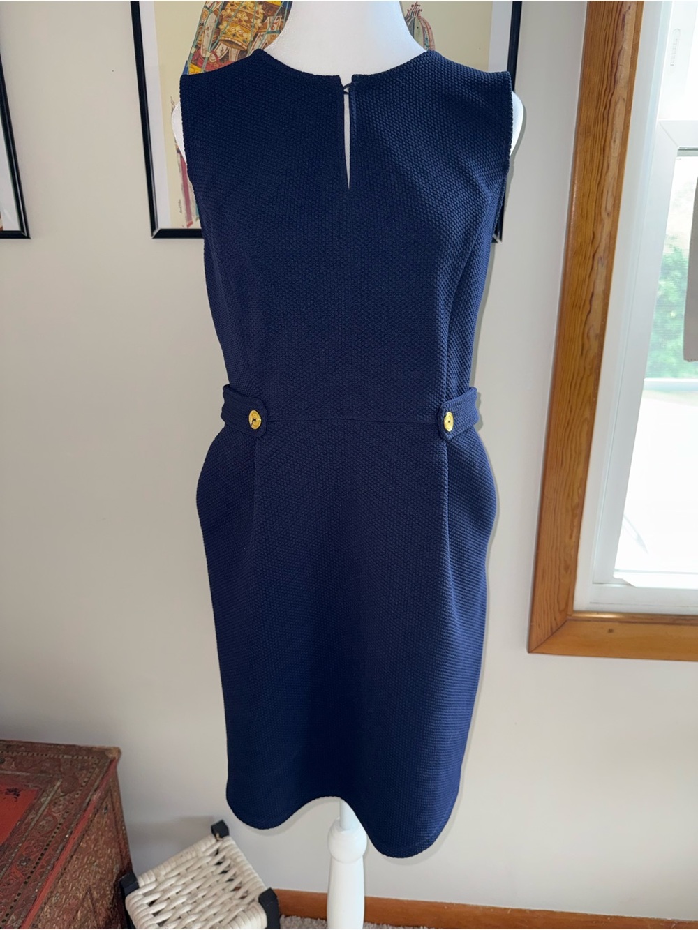 Tabitha Navy Textured Sleeveless Sheath Dress with Gold Button Accents
